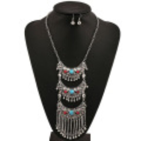 #020 Hollow Gemstone Necklace Vintage Tassel Chain with Earrings - Picture 1 of 4